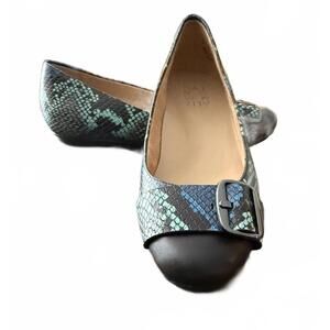 NEW Naturalizer Marsha Leather Flats Shoes Snakeskin Black Teal Slip On Buckle